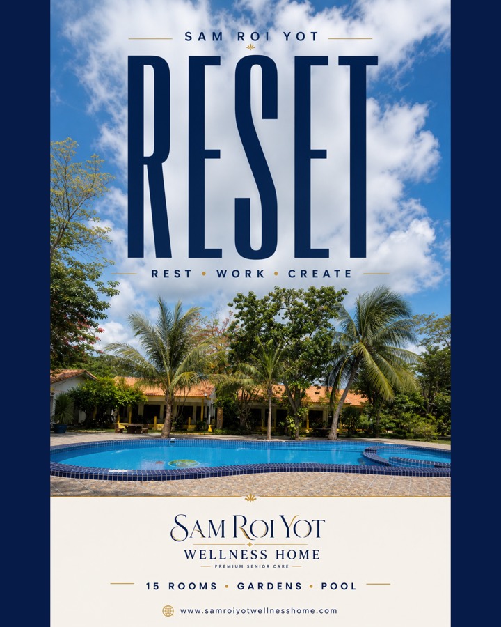AI-assisted editorial poster reading RESET over a pool and guest buildings at Sam Roi Yot Wellness Home