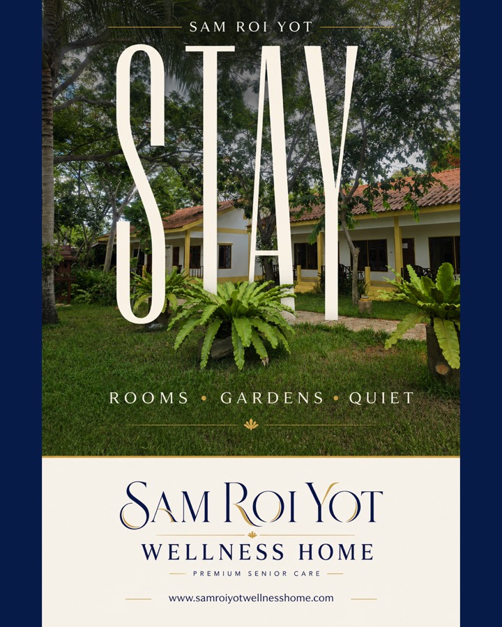 AI-assisted editorial poster reading STAY over guest buildings and a green garden